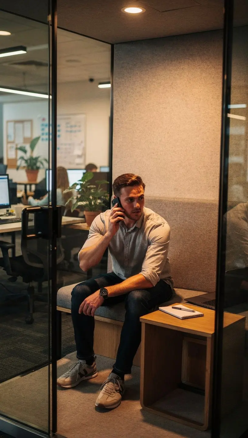 Przykład biura z różnymi strefami pracy, od otwartych po zamknięte.